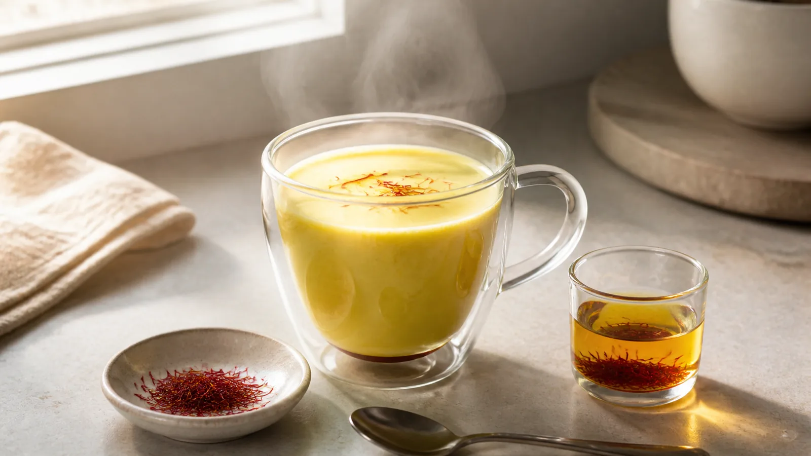 Warm saffron milk beside a small glass of saffron infusion and saffron threads