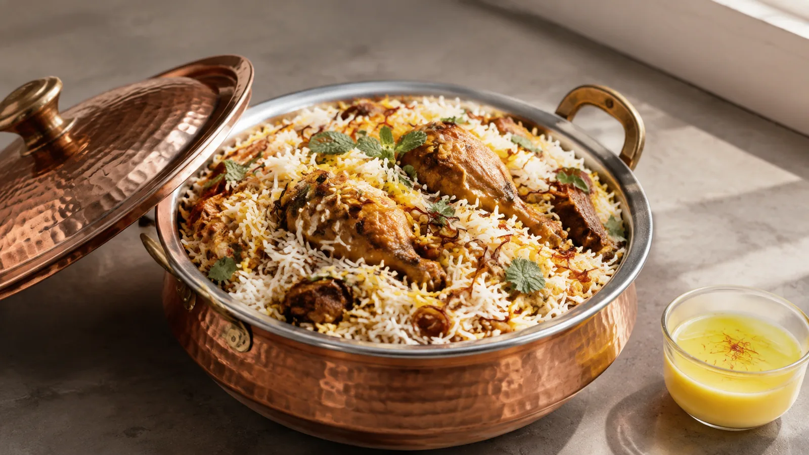 Chicken biryani with white and golden saffron rice beside a small bowl of saffron milk