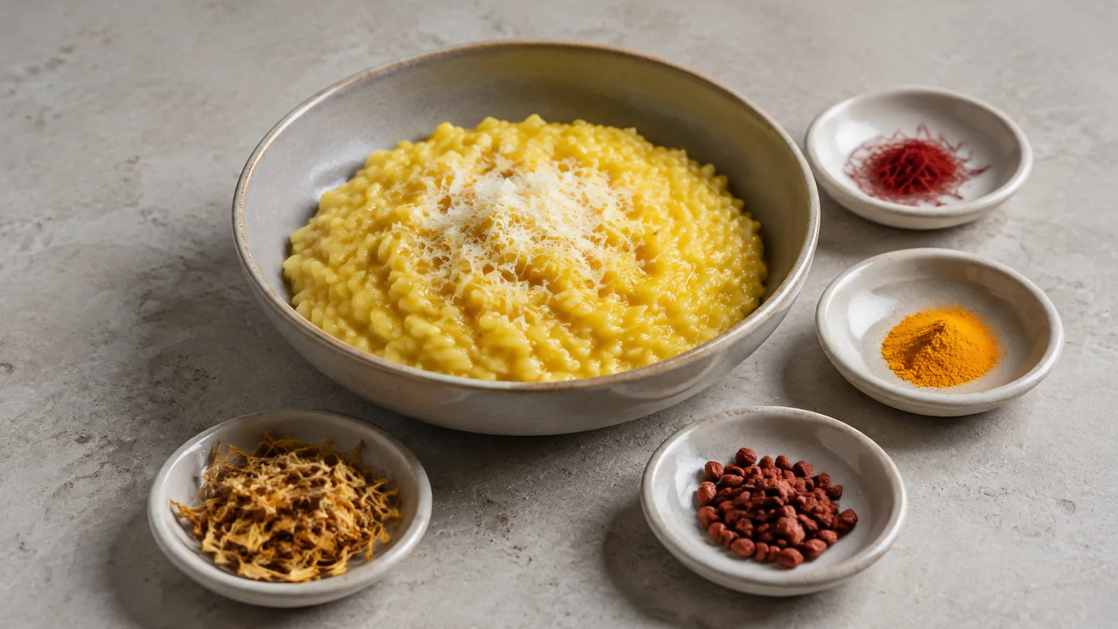 Golden risotto beside saffron threads, turmeric, annatto seeds and dried calendula petals