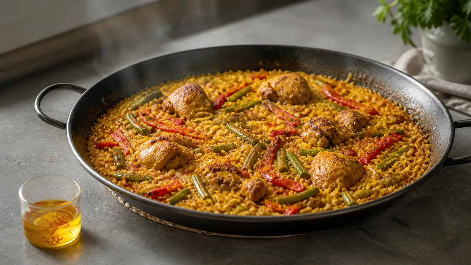Chicken paella in a wide pan beside a small glass of saffron-infused stock