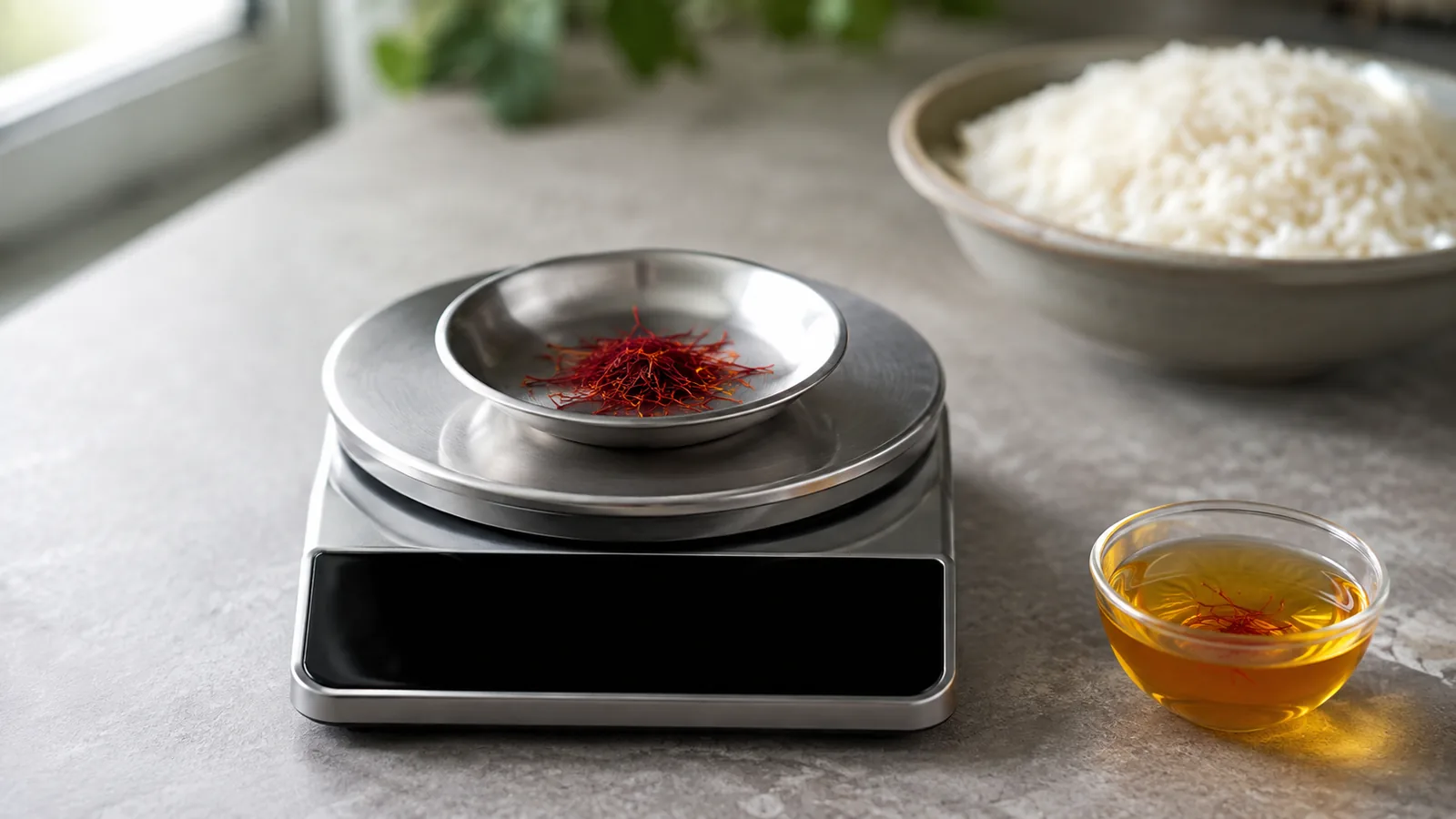 A small portion of saffron threads on a kitchen scale beside saffron infusion and rice