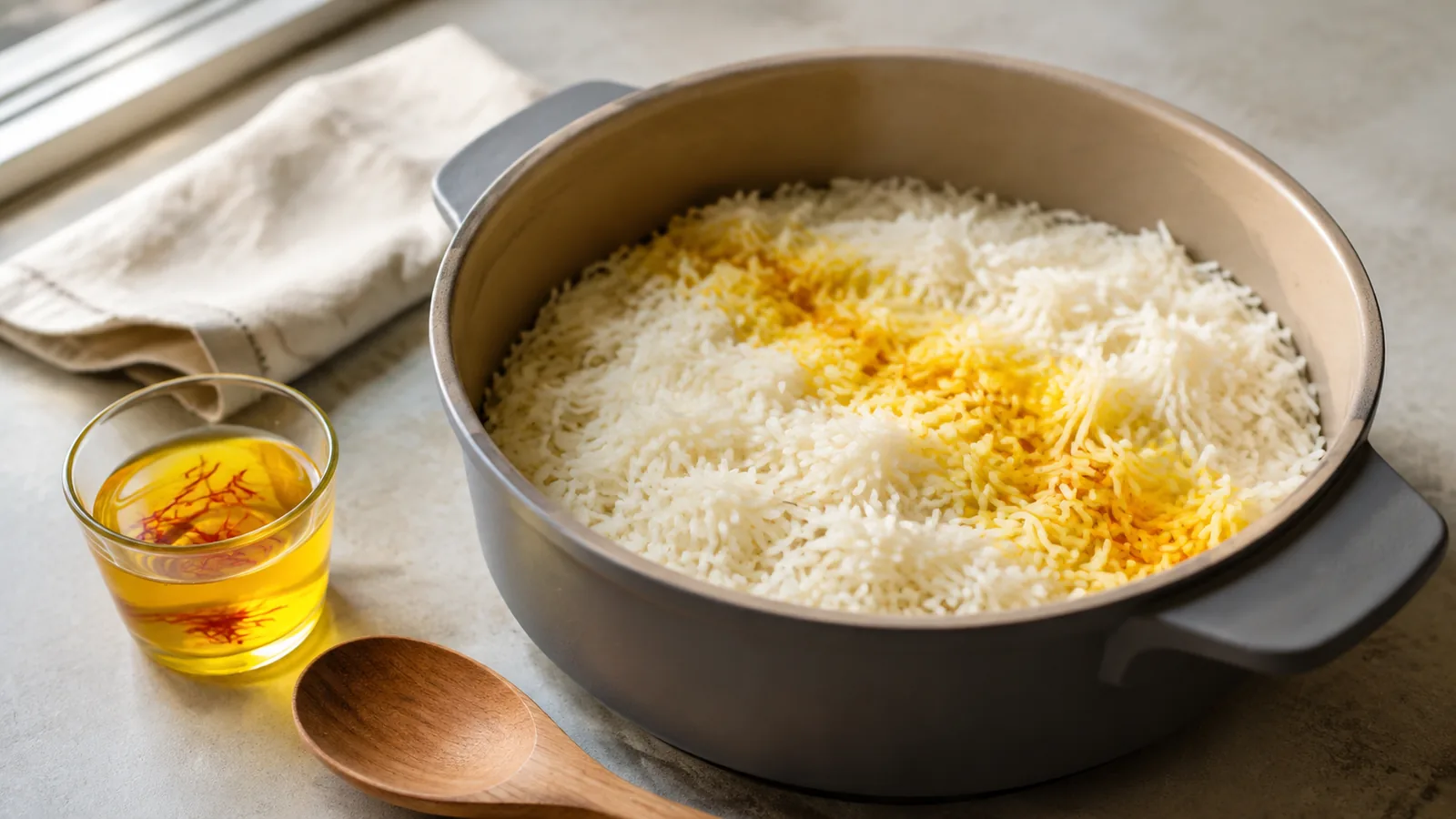 White rice with golden saffron streaks beside a small glass of saffron infusion