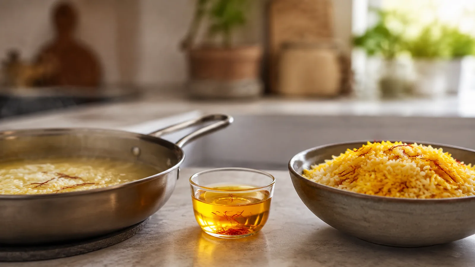 Saffron infusion between cooking rice and a finished saffron rice dish