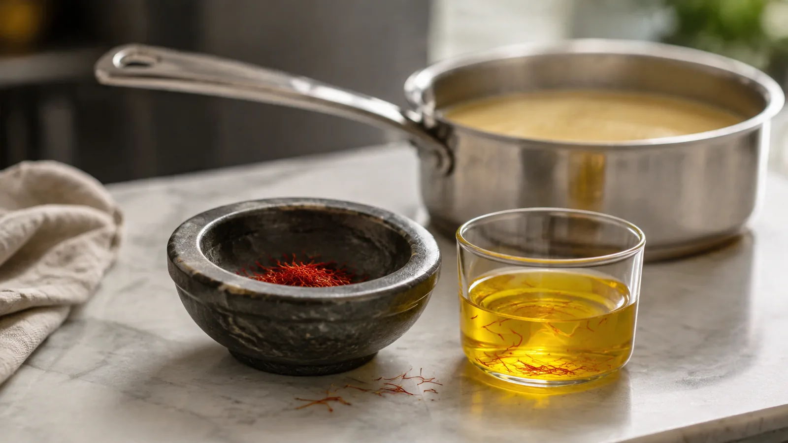 Saffron threads in a mortar beside a prepared saffron infusion and warm stock