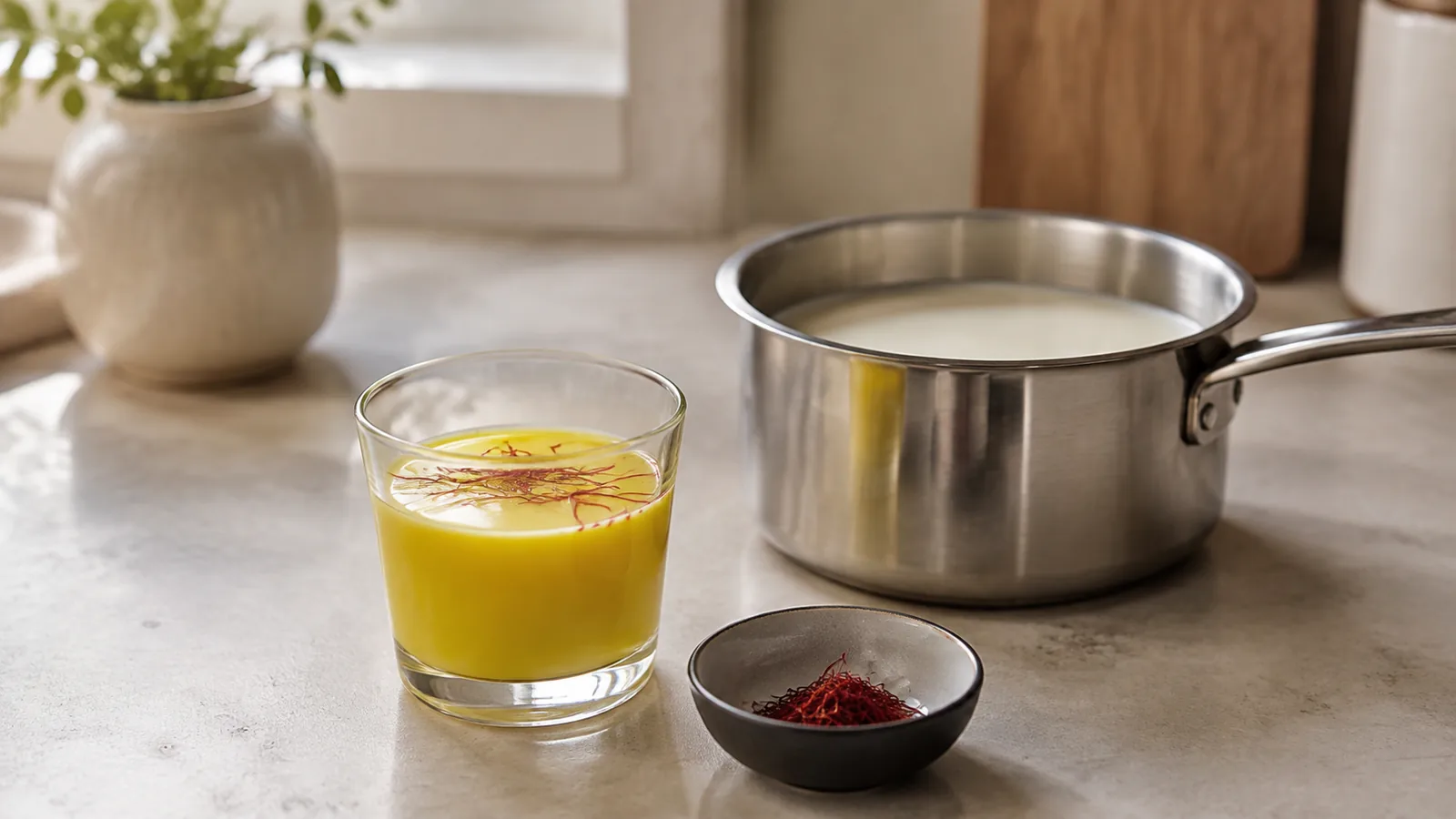 Warm saffron milk infusion beside a saucepan of milk and saffron threads