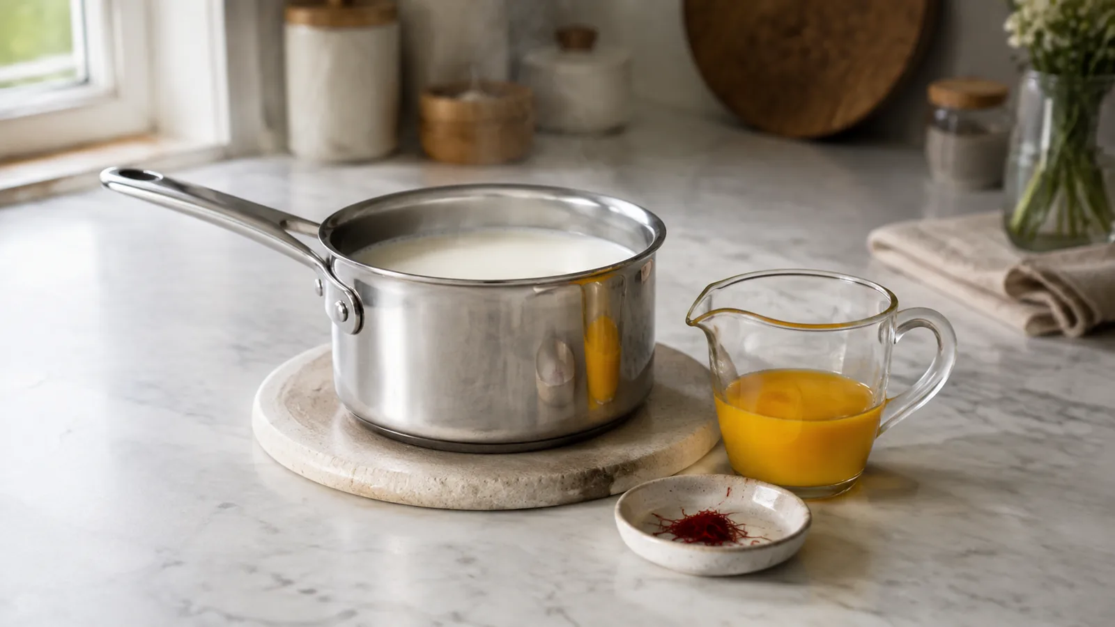 Hot milk off the heat beside a prepared saffron infusion and saffron threads