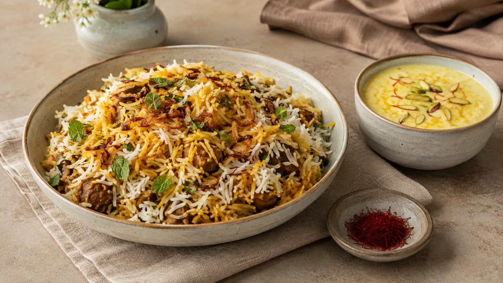 Saffron biryani and kheer beside a small dish of saffron threads