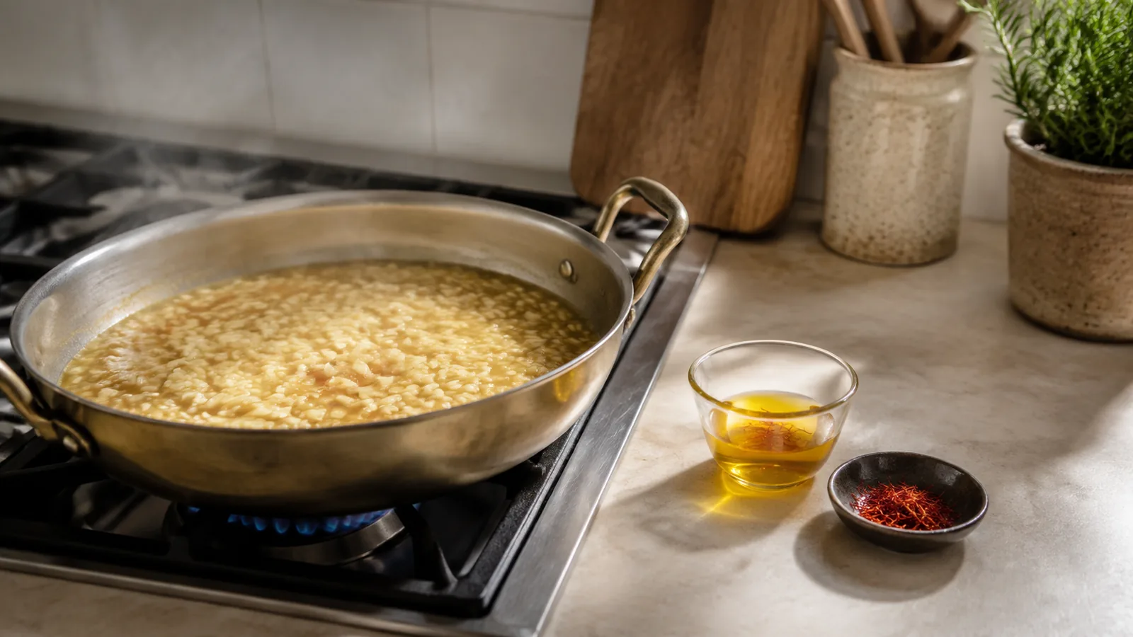 Saffron infusion ready beside rice cooking gently in a shallow pan