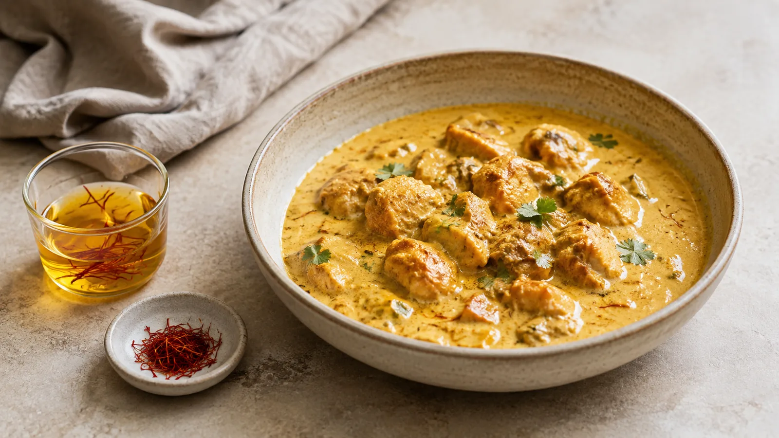 Golden saffron chicken curry beside saffron infusion and saffron threads
