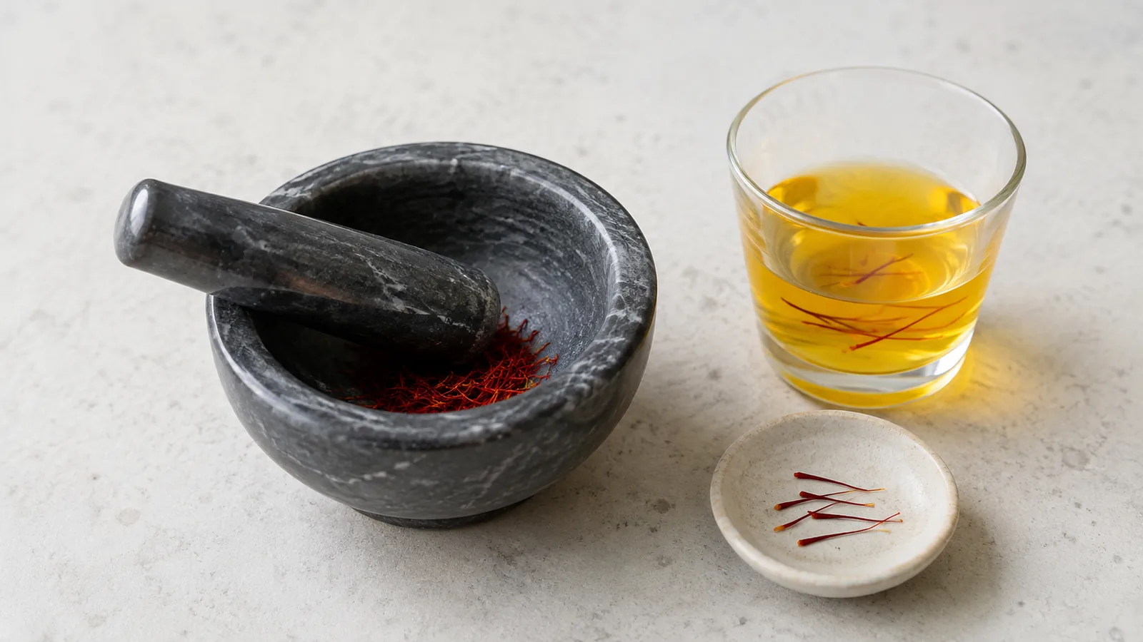 Lightly crushed saffron in a mortar beside intact threads and saffron infusion
