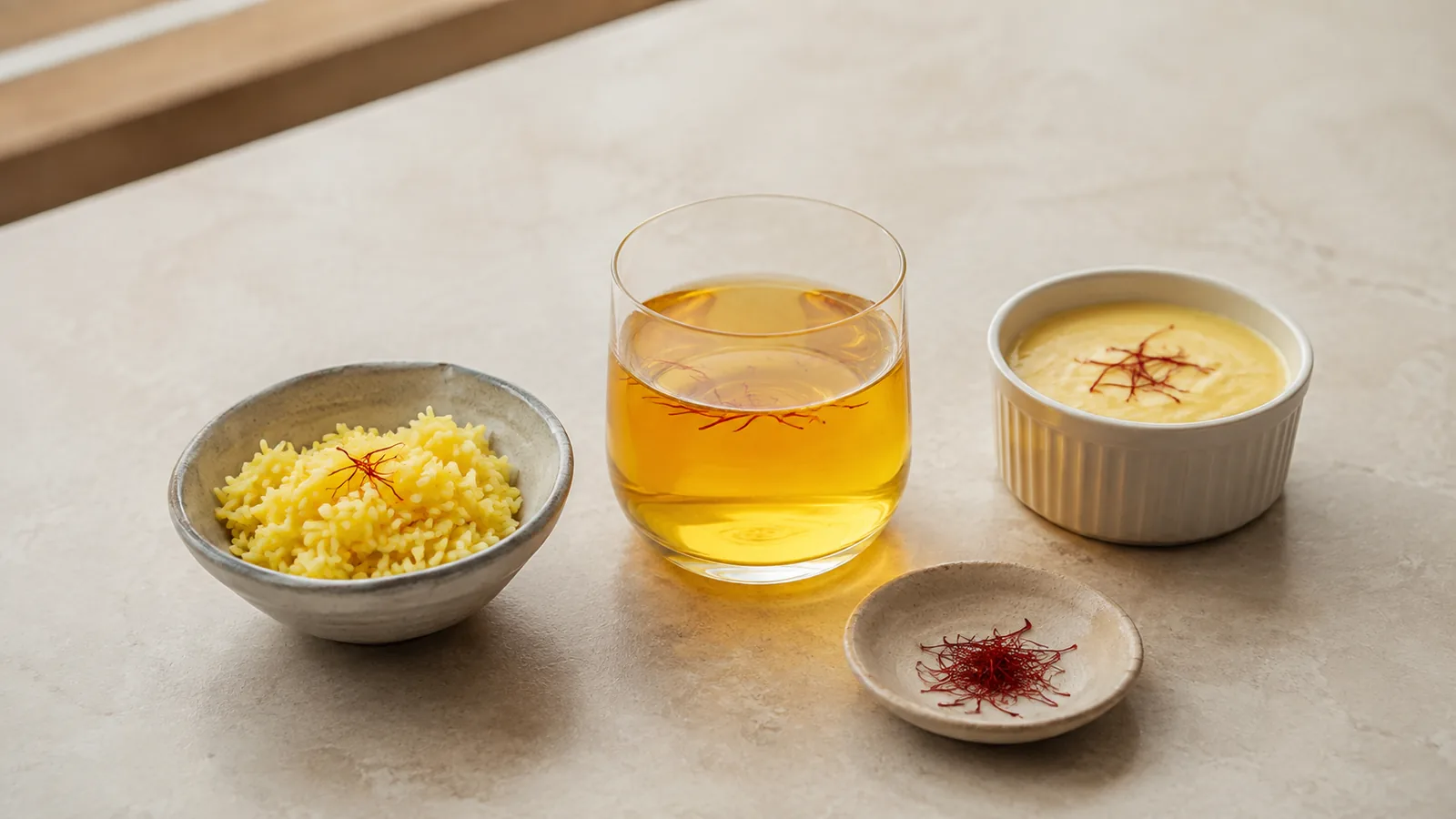 Saffron infusion with small portions of saffron rice and milk custard