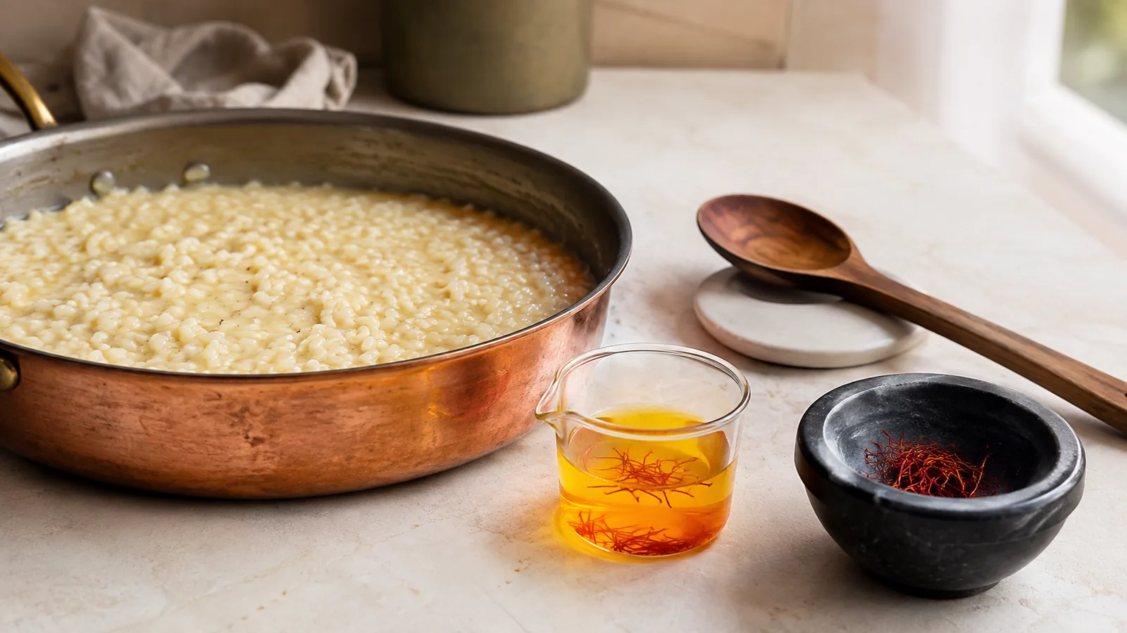 Saffron infusion and lightly crushed threads beside a pan of risotto