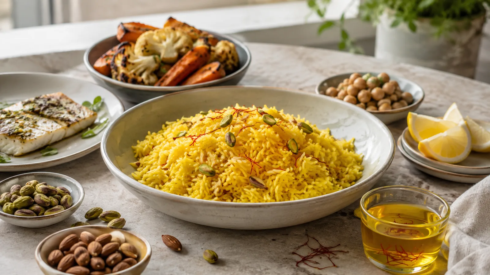 Saffron rice with fish, roasted vegetables, chickpeas, nuts and lemon