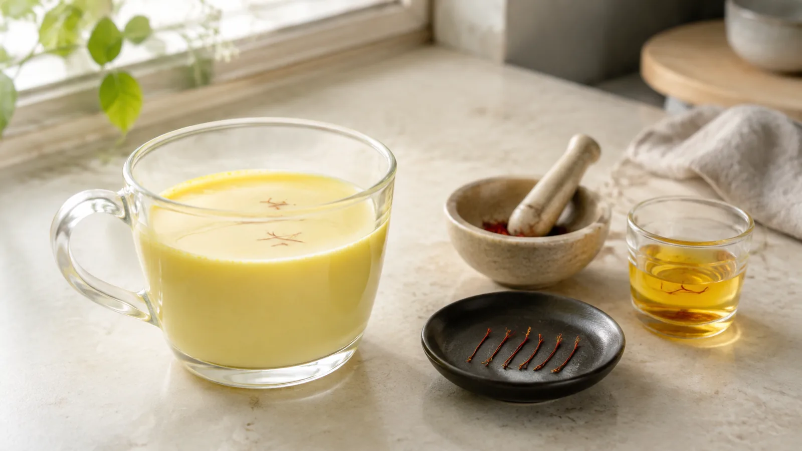 Warm saffron milk with measured threads and a small saffron infusion