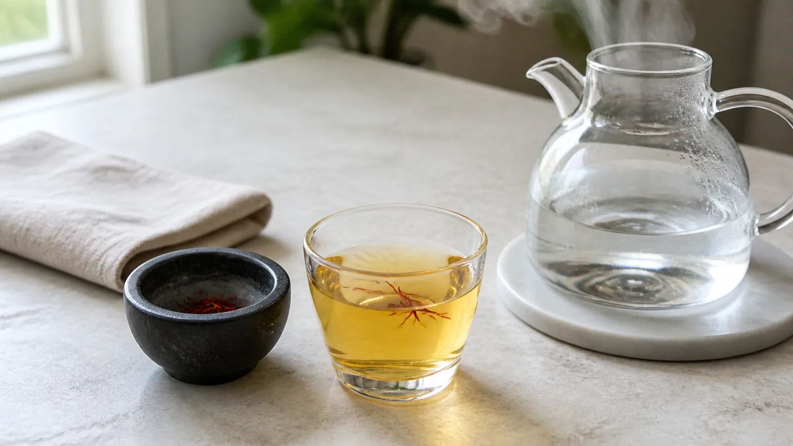 Golden saffron hot-water infusion beside a kettle and measured threads