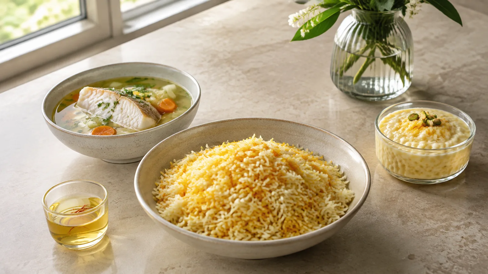 Saffron rice with fish broth, rice pudding and a small saffron infusion