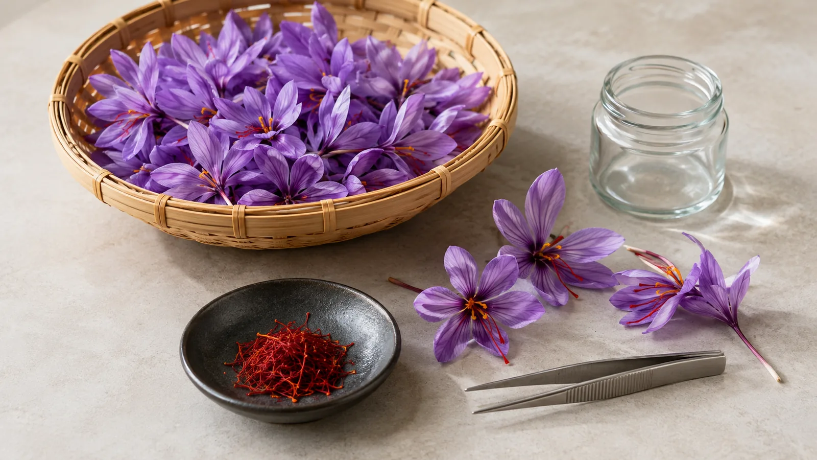 Fresh saffron crocus flowers with a small dish of dried threads