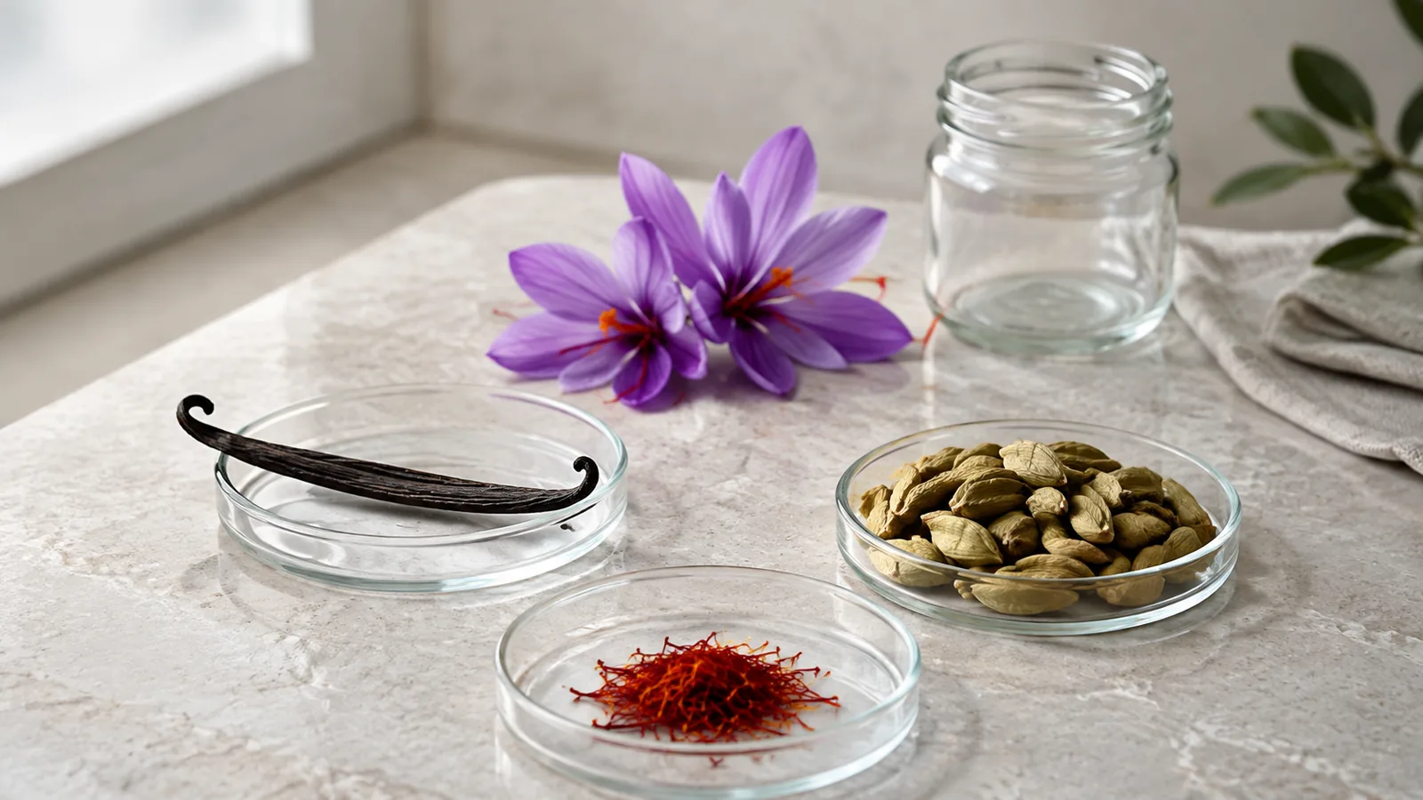 Small dishes of saffron, vanilla and cardamom beside crocus flowers