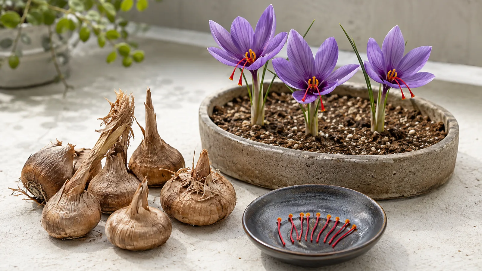 Saffron crocus flowers growing beside corms and a few separated stigmas