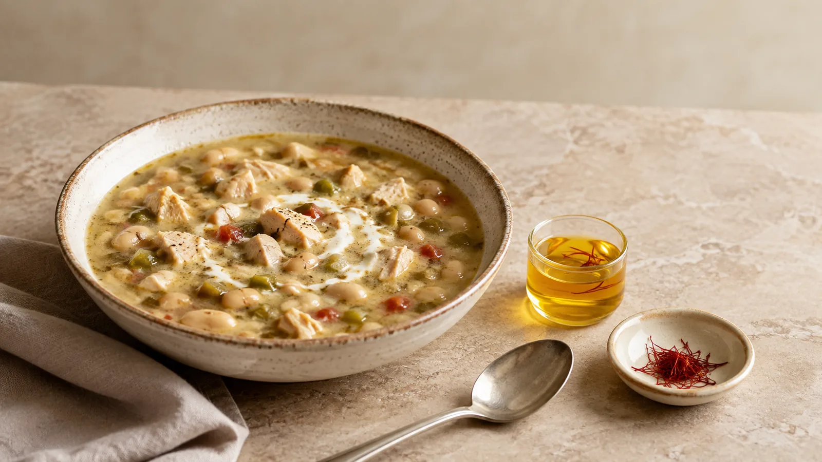 Mild chicken chili with saffron infusion