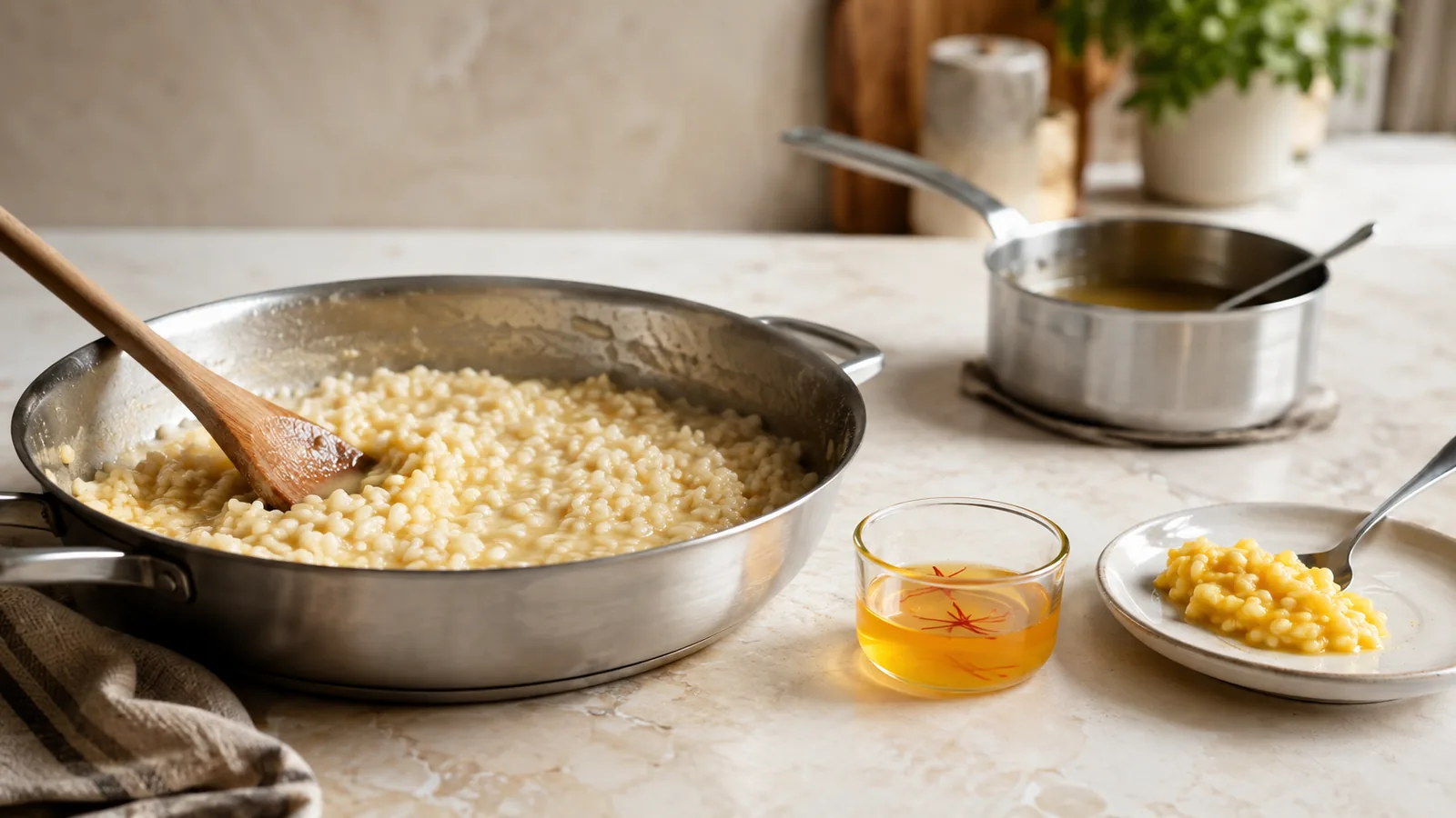 Saffron infusion beside risotto midway through cooking