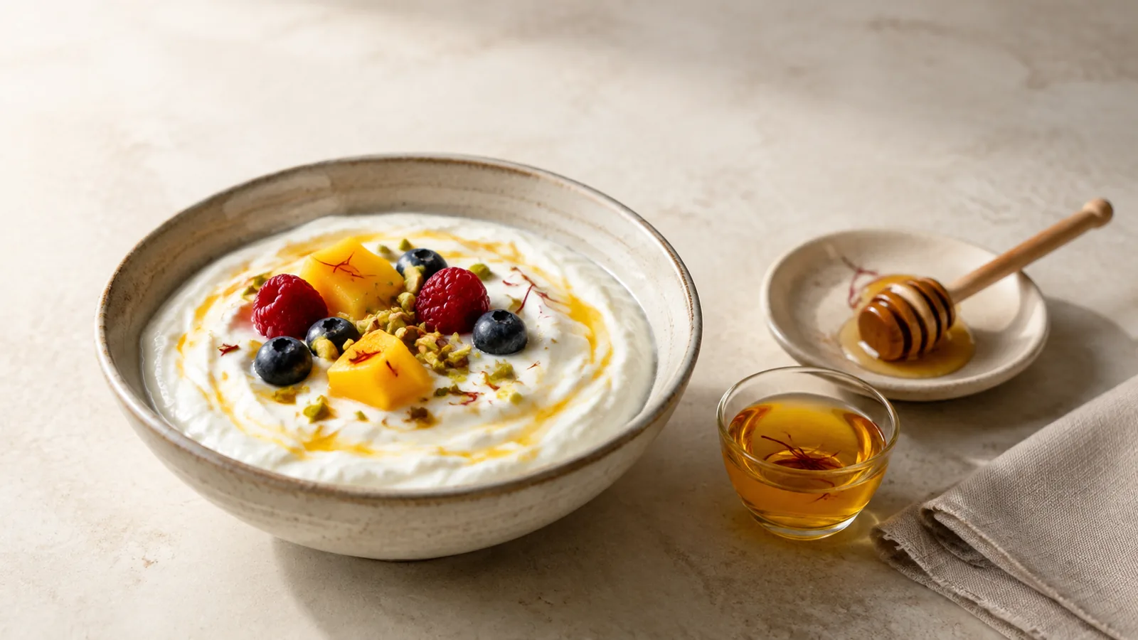 Saffron yogurt with mango berries pistachios and honey