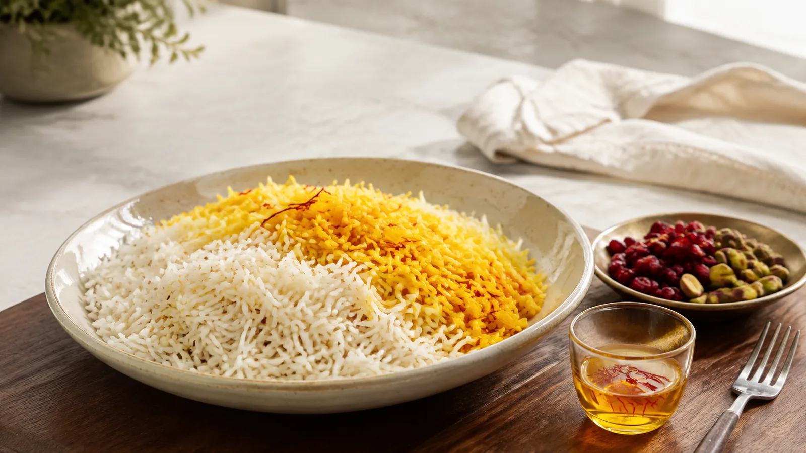 White and golden saffron rice with a small infusion