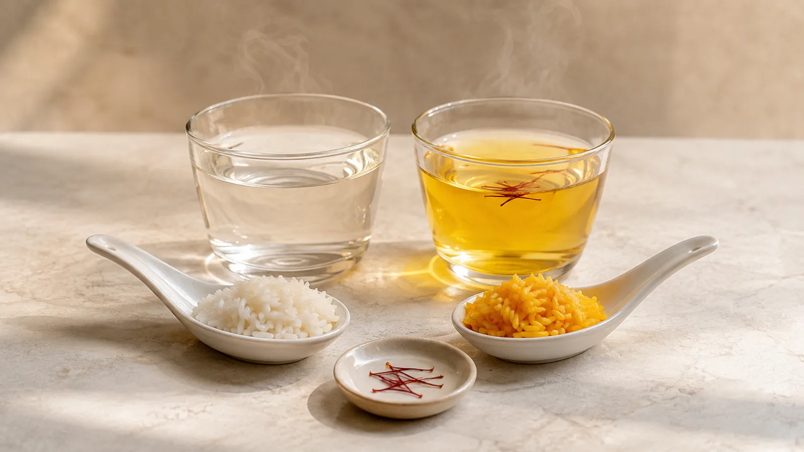 Plain and saffron-infused water and rice compared