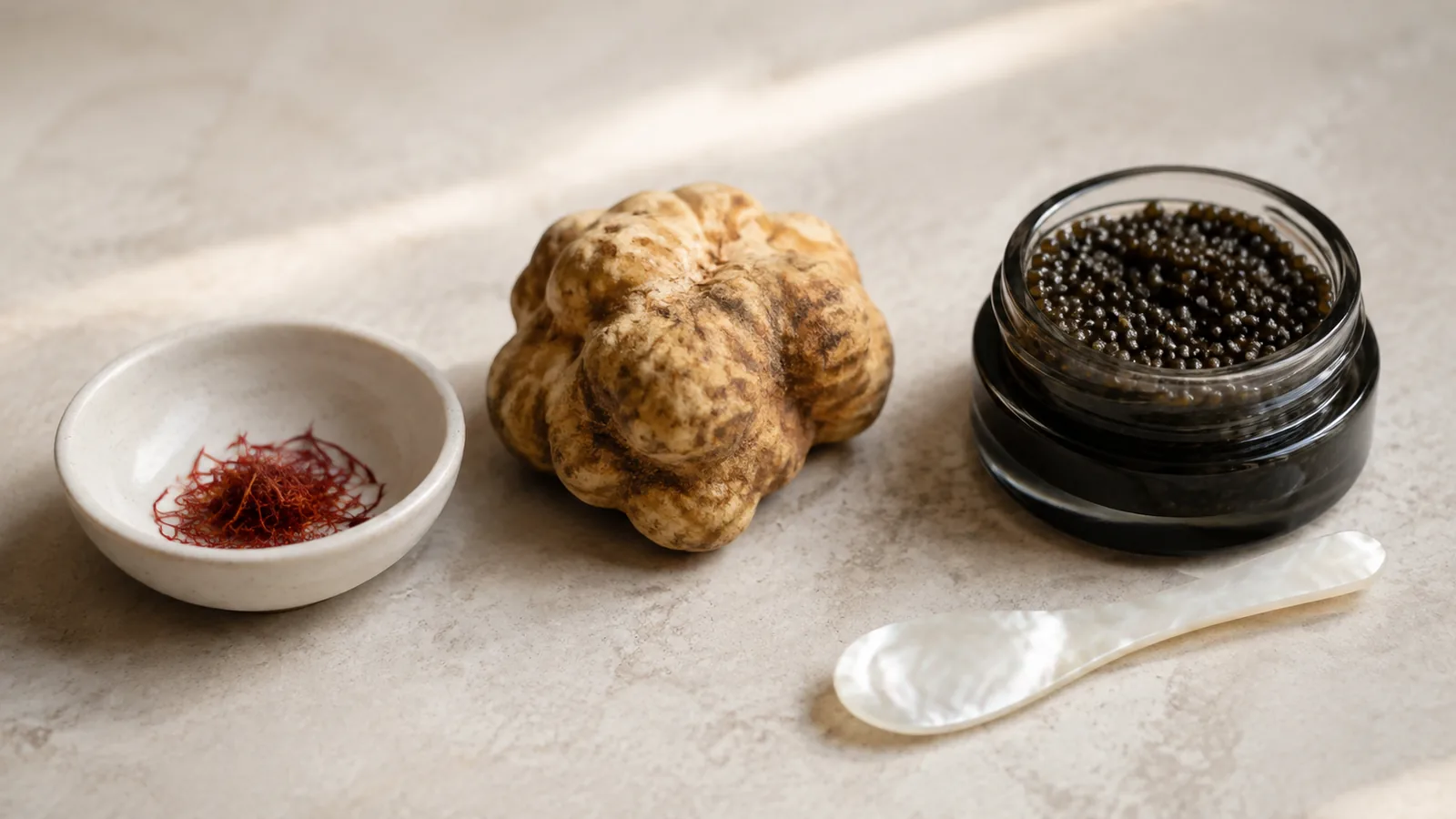Saffron, white truffle and caviar as luxury foods