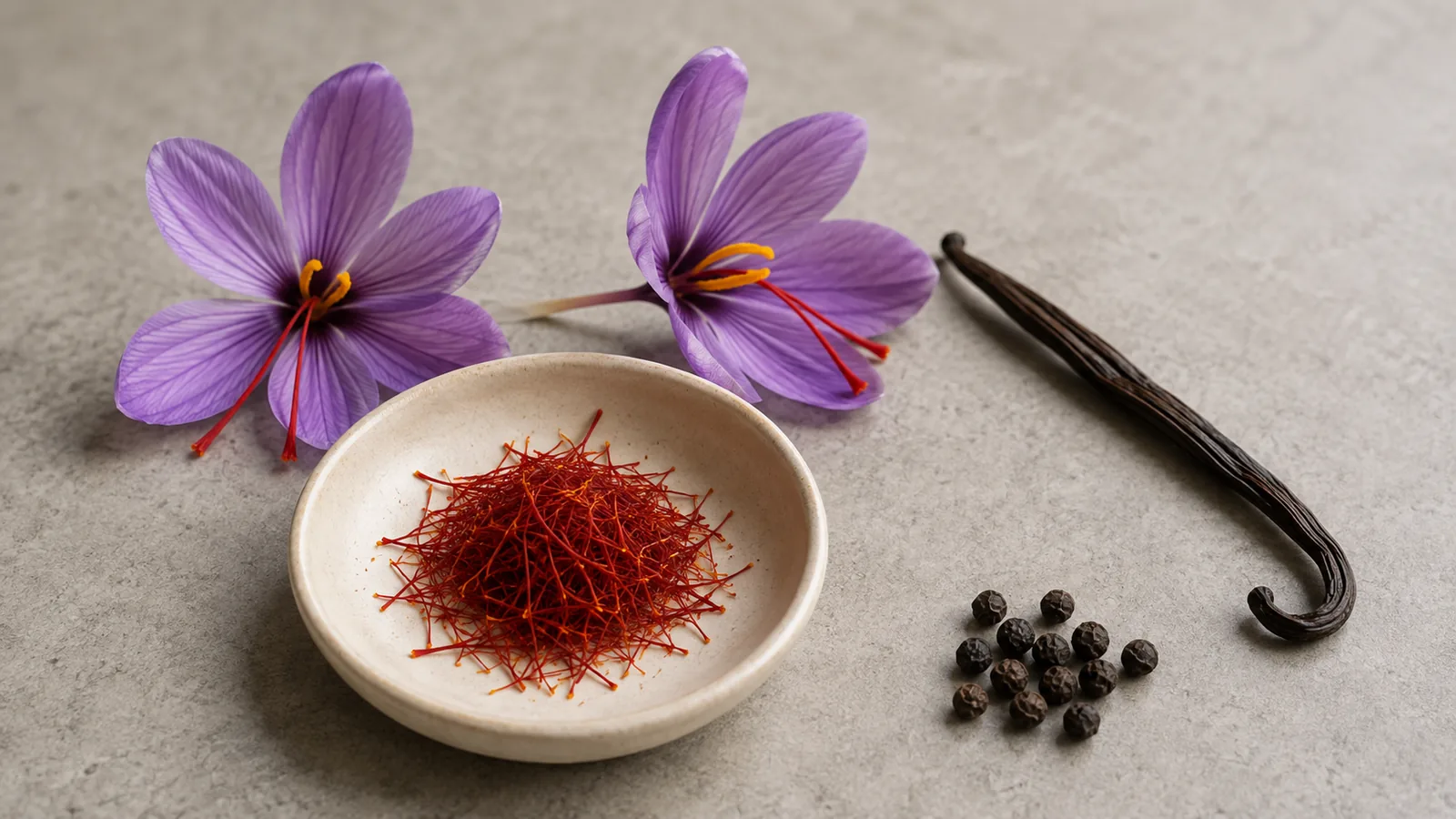 Saffron flowers and threads with vanilla and pepper