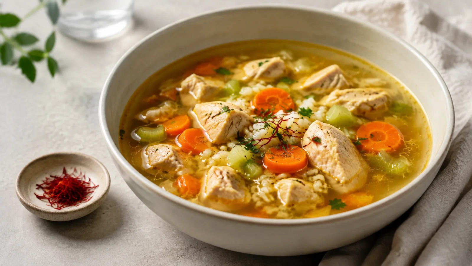 Golden chicken soup with saffron, rice and vegetables