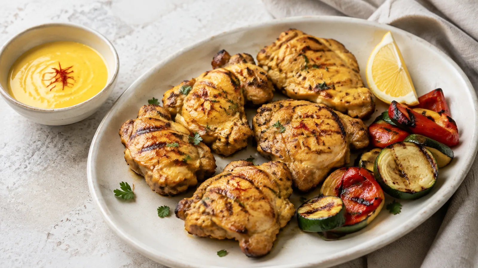 Grilled saffron-marinated chicken with vegetables
