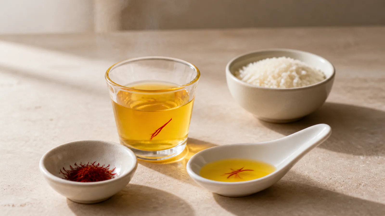 Saffron threads and golden infusion prepared for tasting