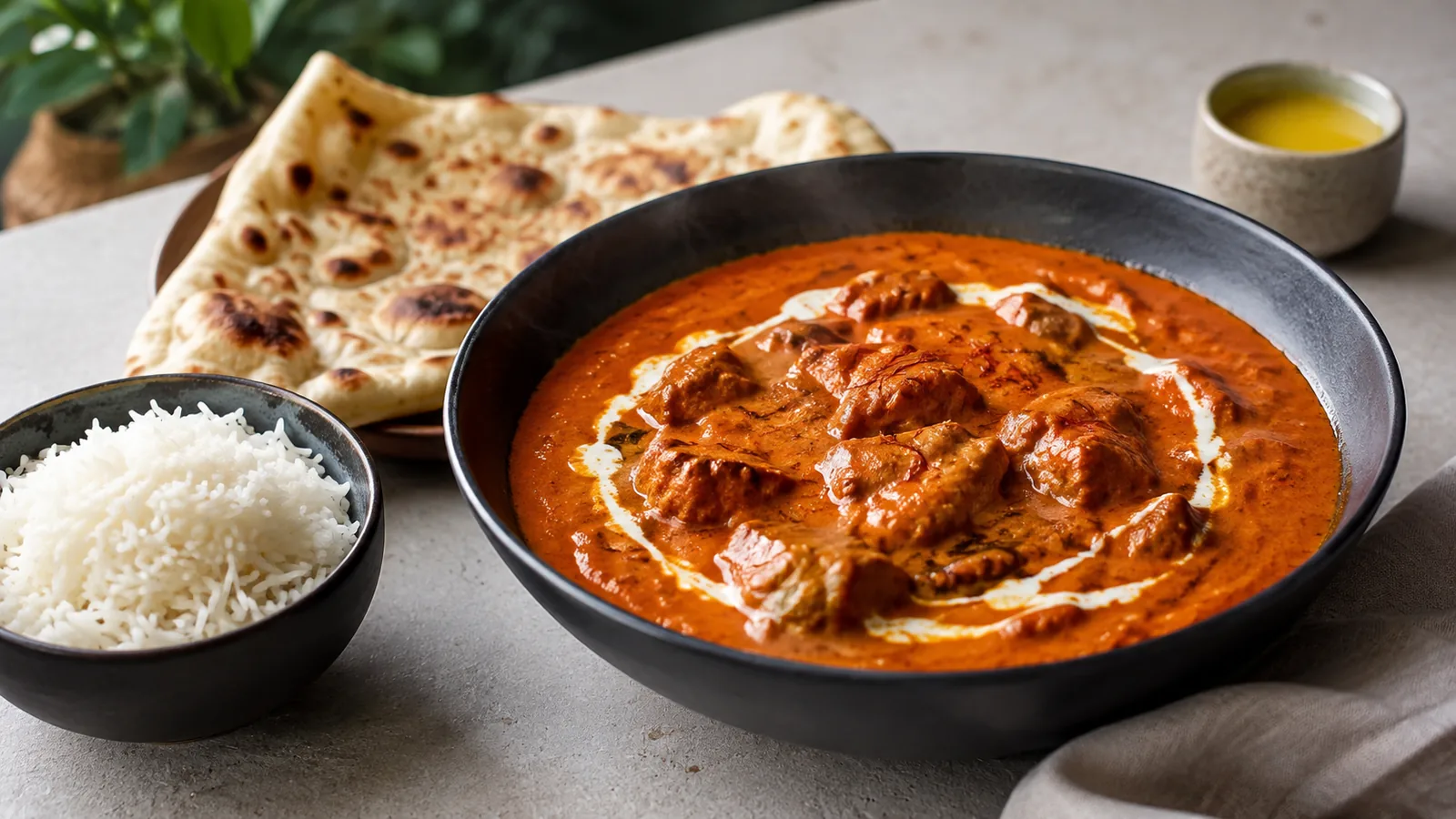 Butter chicken with saffron, basmati rice and naan