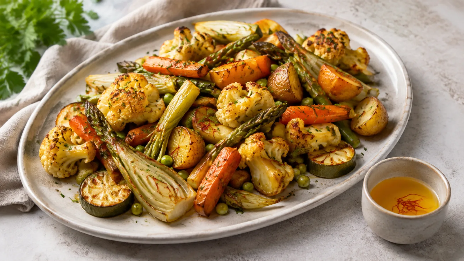 Roasted vegetables with a golden saffron infusion