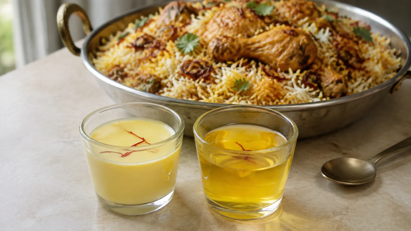Saffron milk and saffron water beside layered biryani