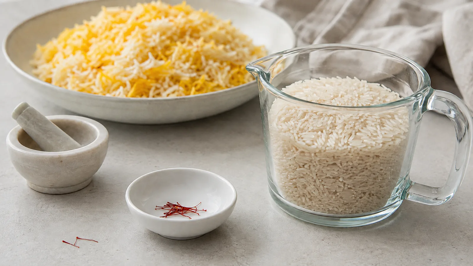 Measured saffron threads beside uncooked and cooked rice