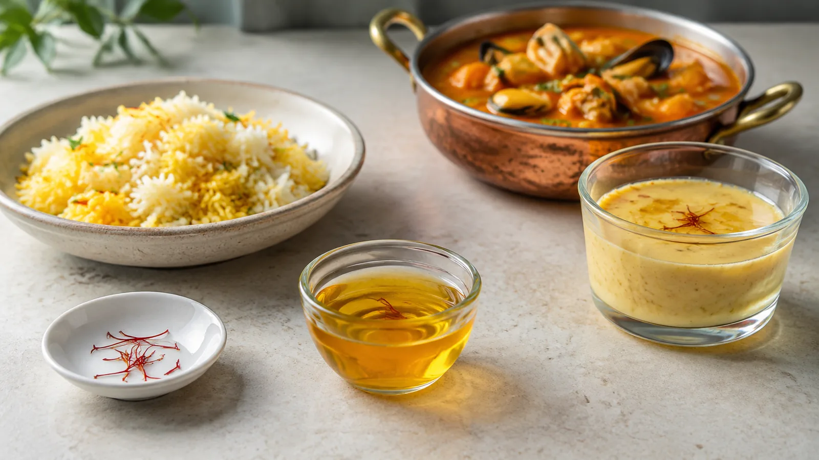 Saffron infusion with rice seafood stew and custard