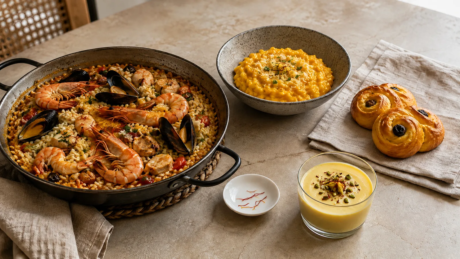 Paella risotto saffron custard and saffron buns