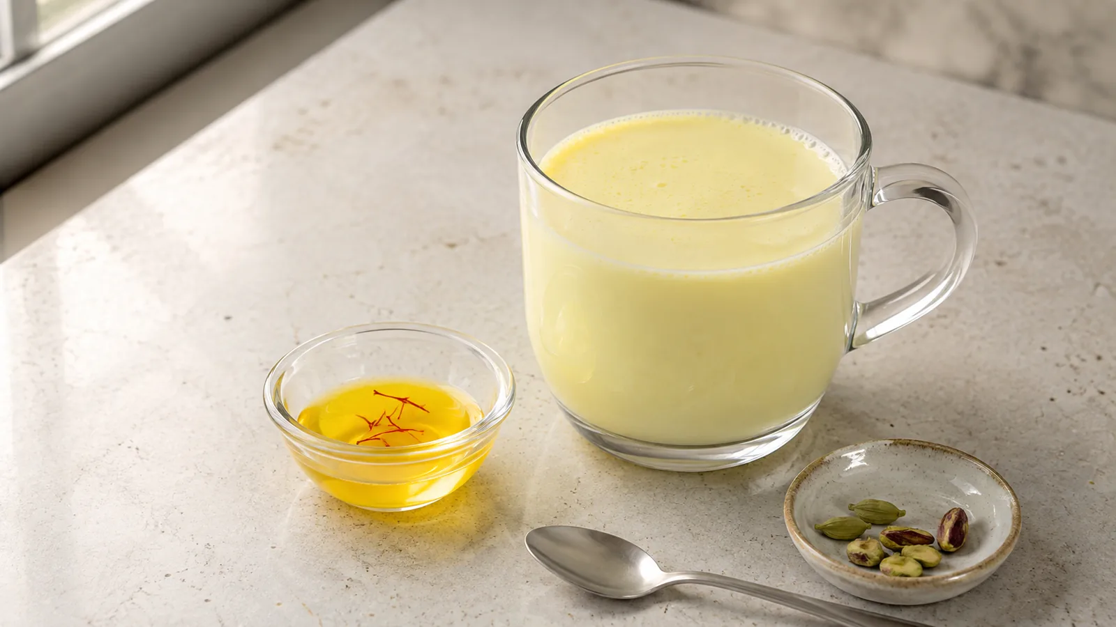 Warm saffron milk with a small saffron infusion