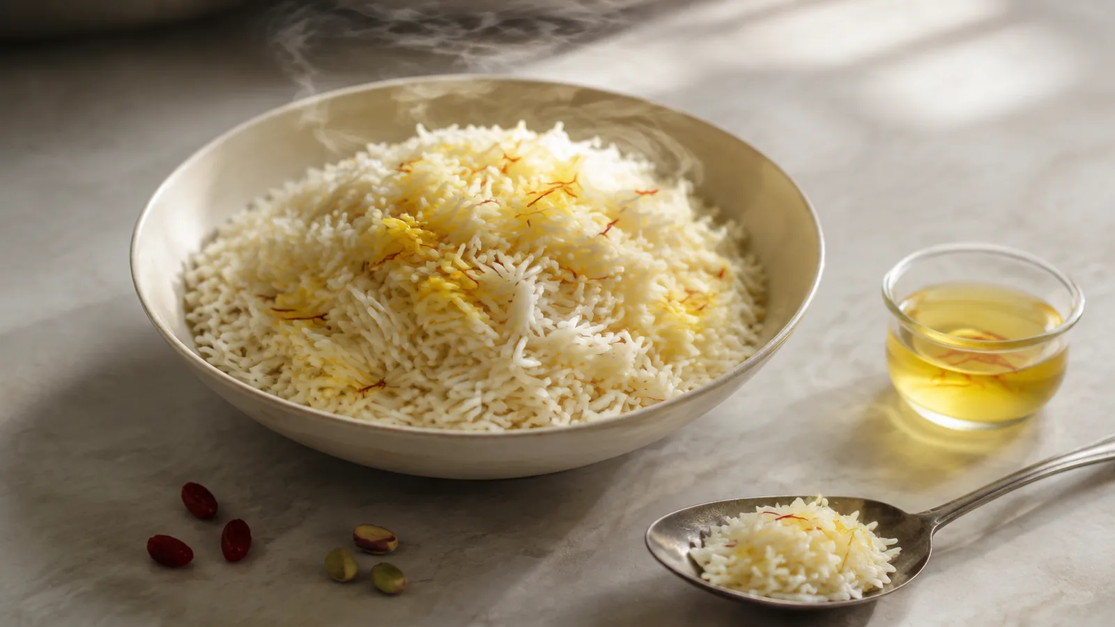 White and golden saffron rice with a small infusion