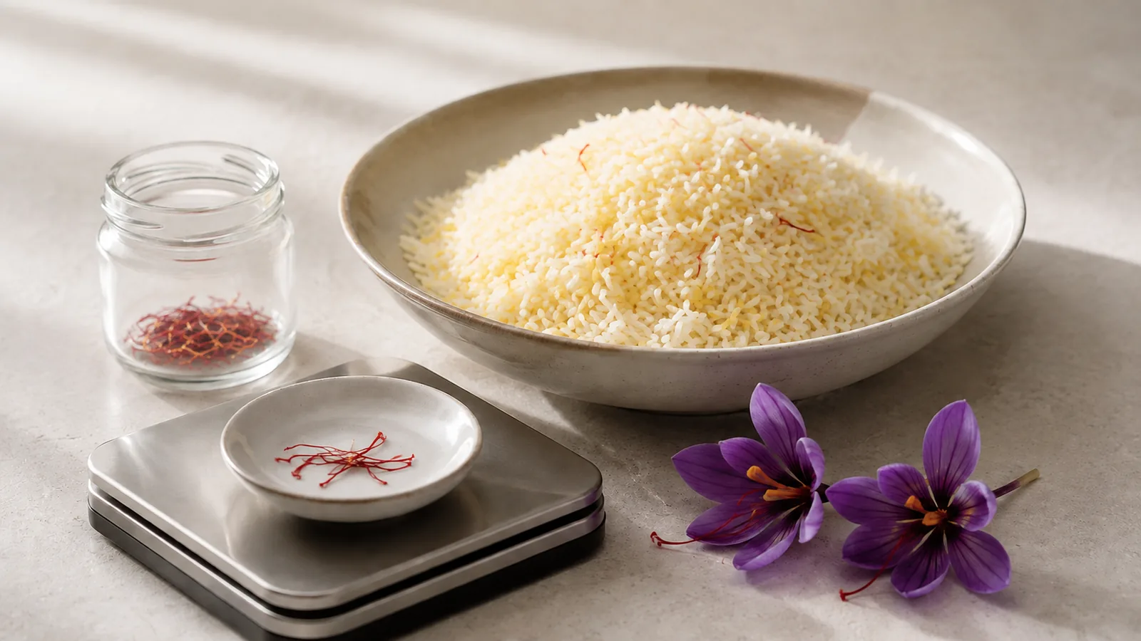 Measured saffron with crocus flowers and saffron rice