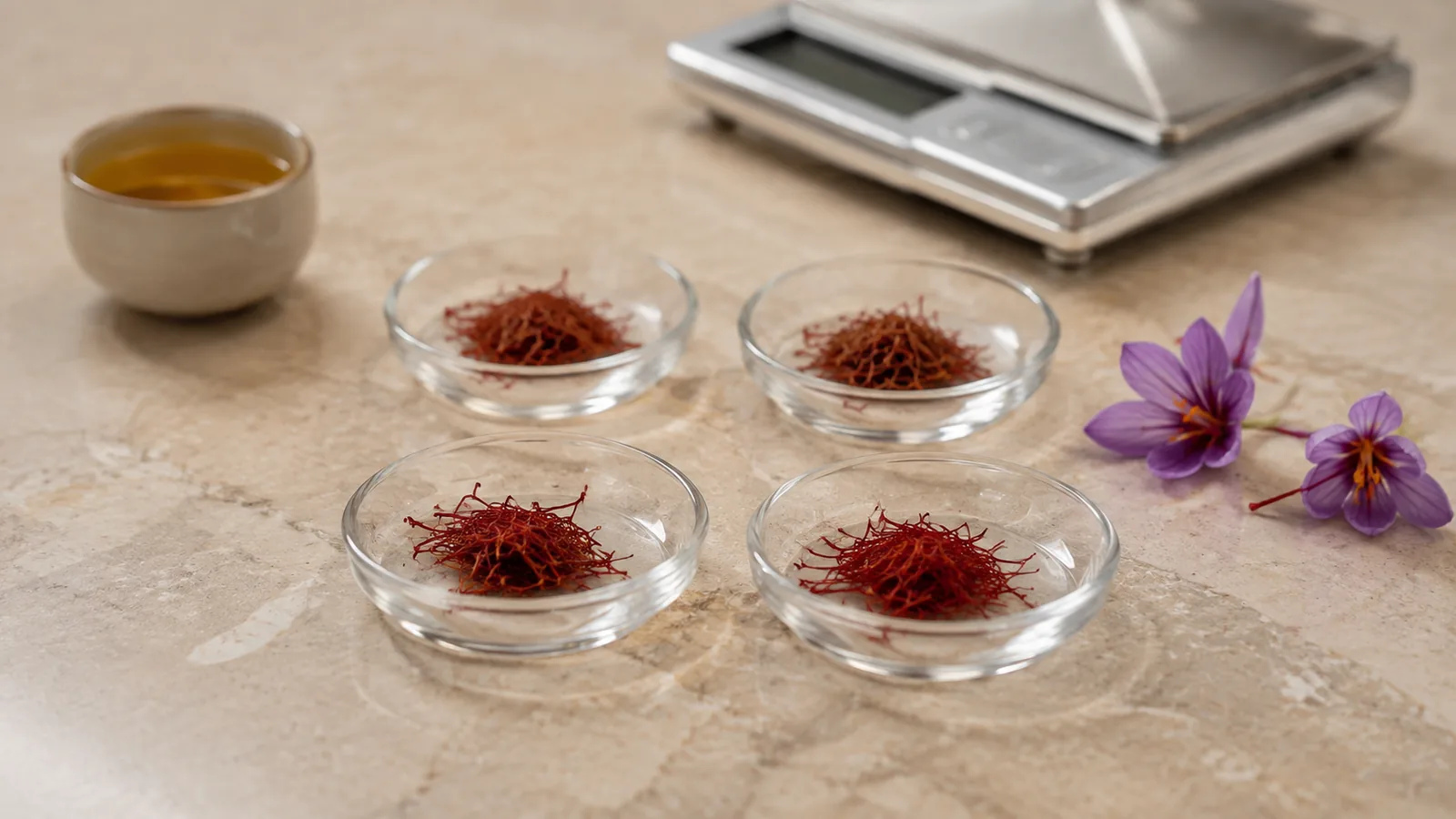 Four samples of saffron threads compared beside crocus flowers and a precision scale
