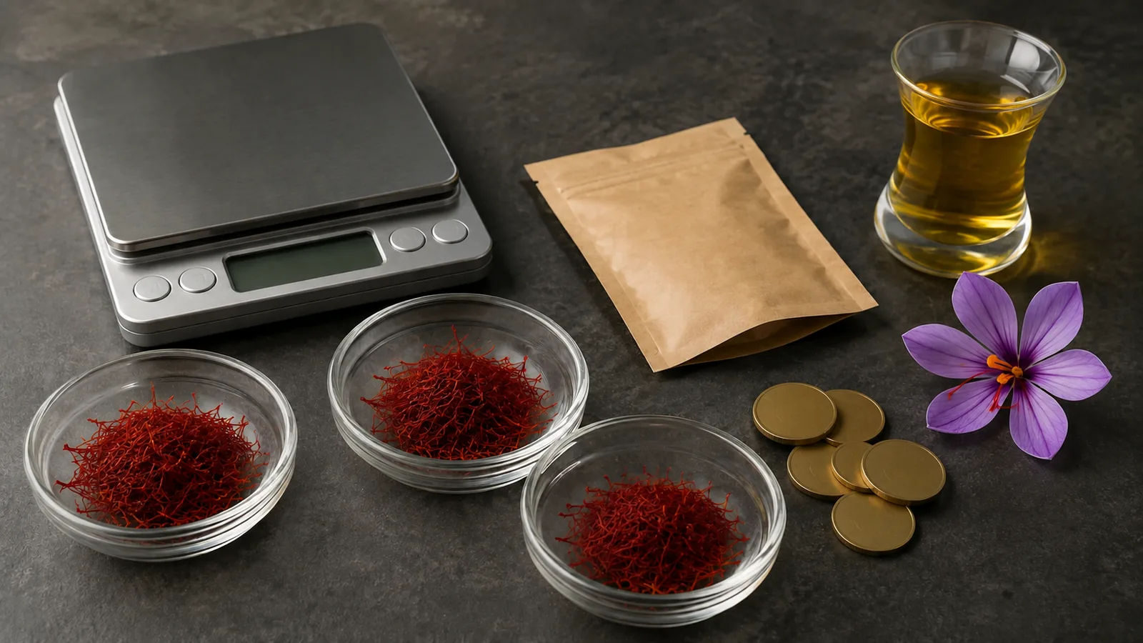 Saffron samples compared with a scale and unmarked cost tokens