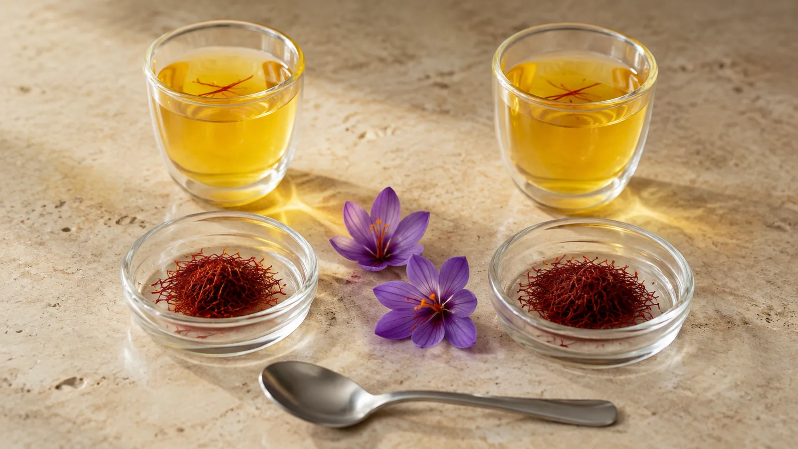 Two saffron thread samples and matching infusions compared side by side