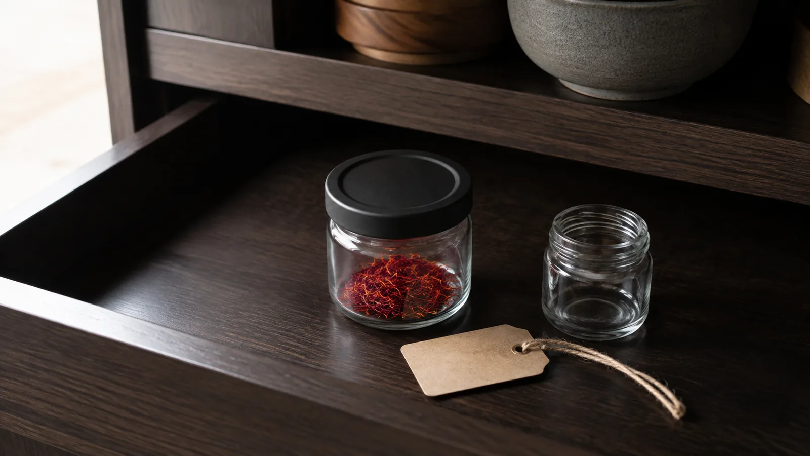 Airtight jar of saffron stored in a cool dark pantry drawer