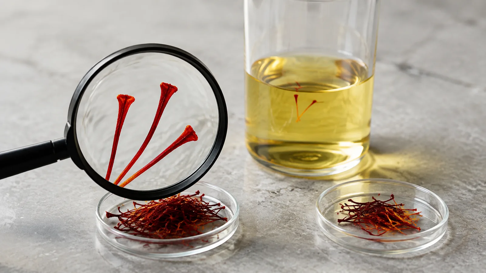Saffron threads viewed through a magnifying glass beside a golden infusion
