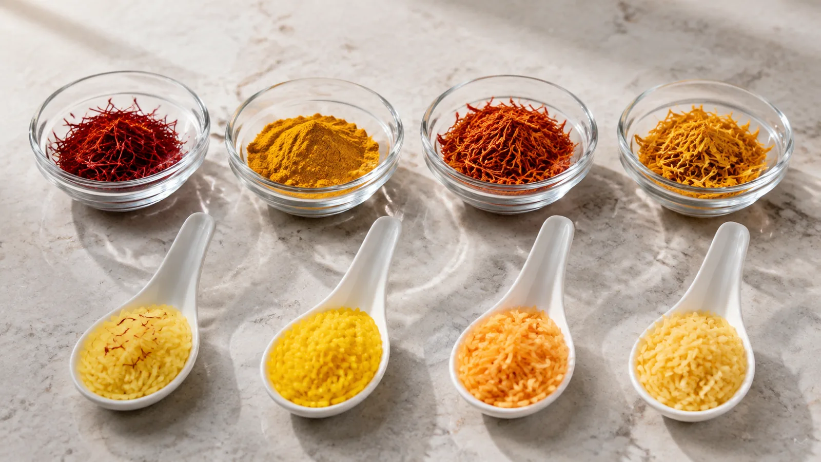 Saffron, turmeric, safflower, and culinary marigold with rice color samples