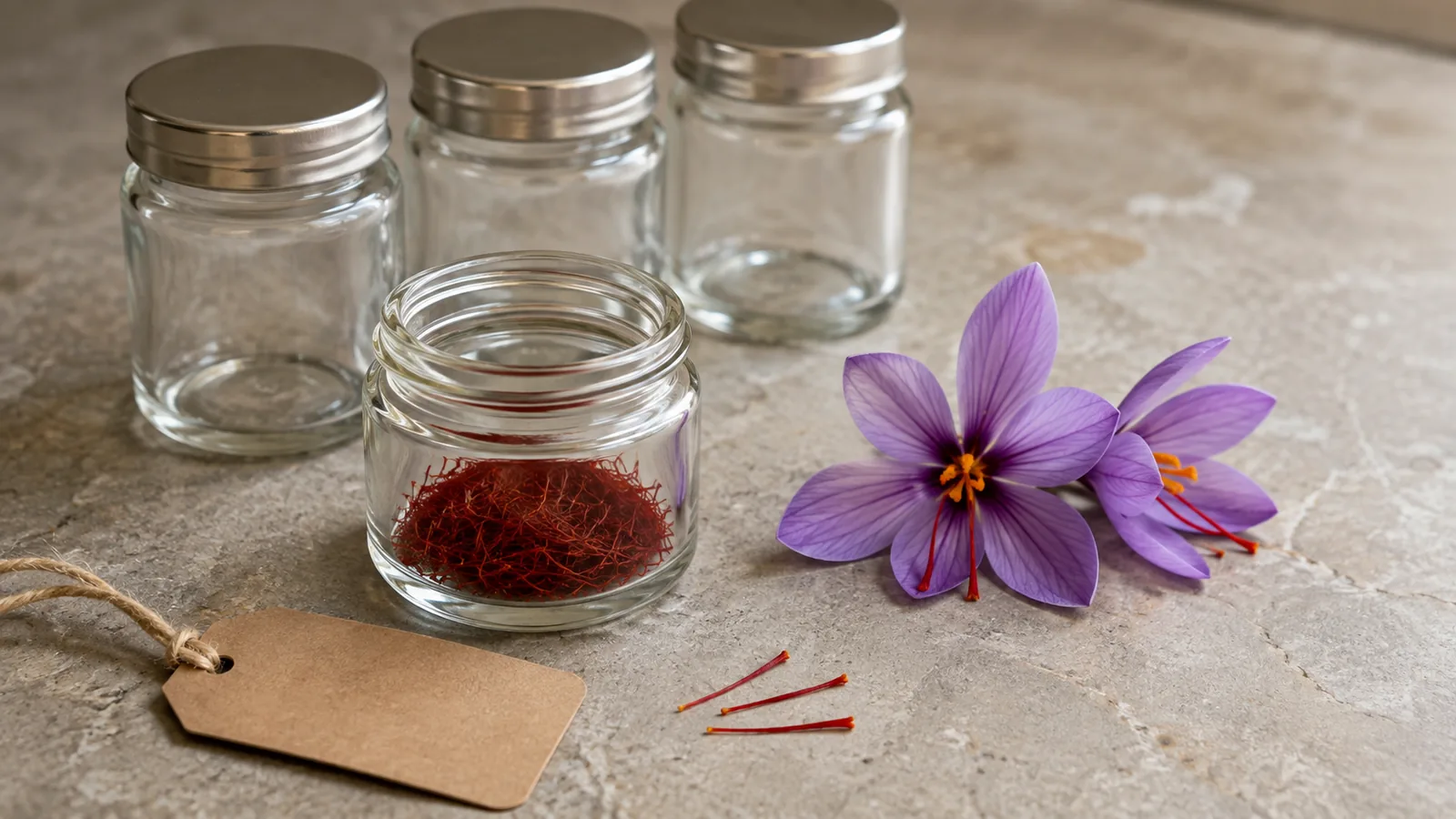 Saffron threads and crocus flowers beside plain unlabelled spice jars