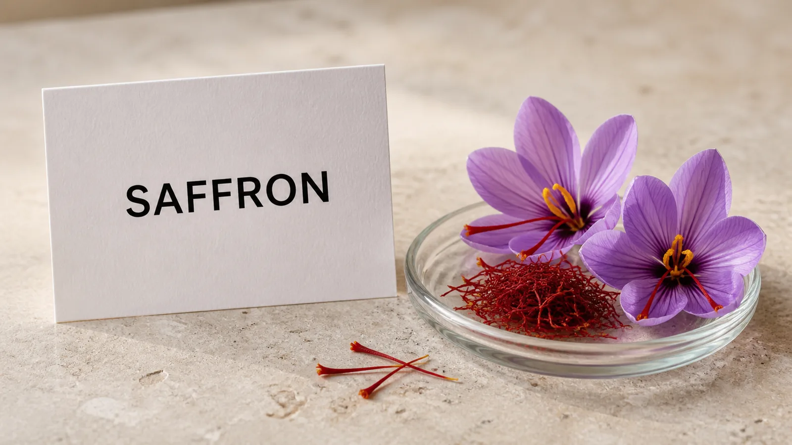 The English word saffron beside saffron threads and crocus flowers